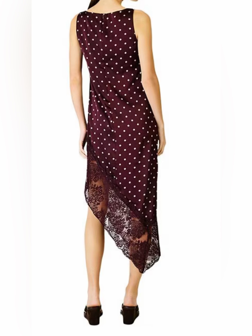 Line & Dot Burgundy and White Polka Dot Asymmetrical Lace-Hem Dress
